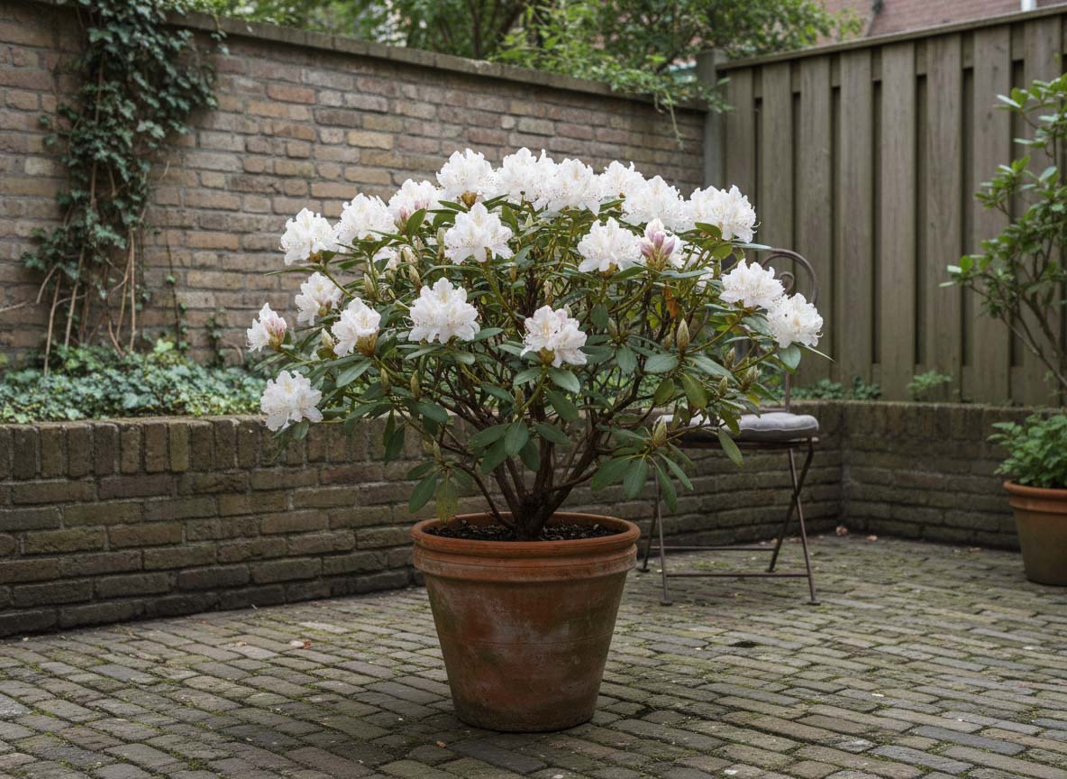 Kompakter Rhododendron im Topf auf einer Terrasse