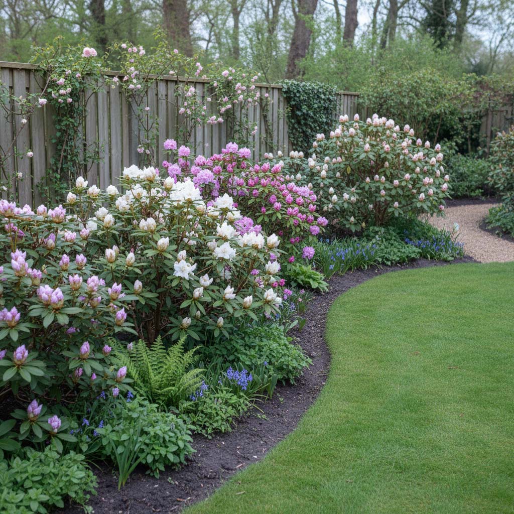 Romantischer Frühlingsgarten mit hell blühenden Rhododendren