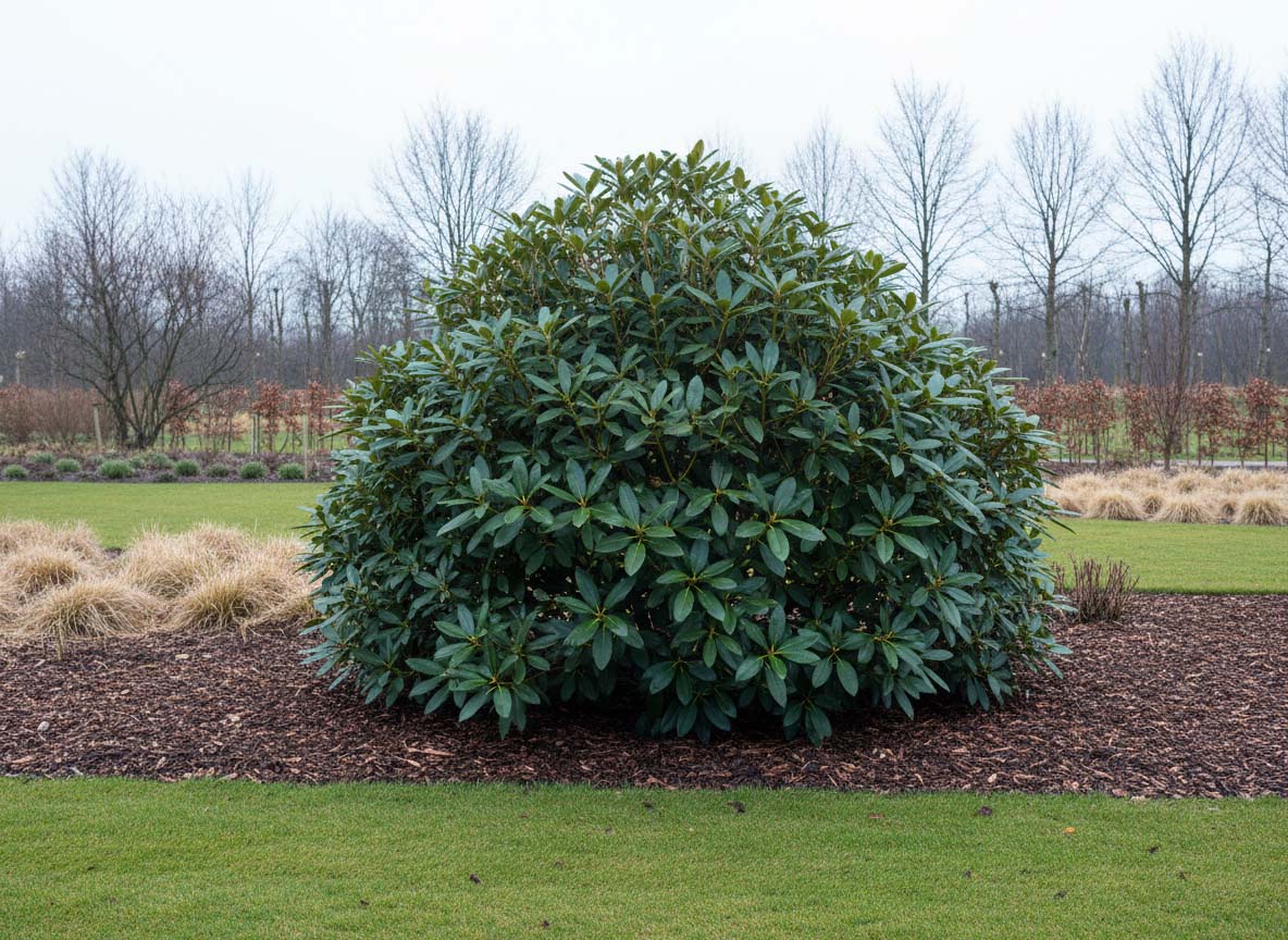 Rhododendron im Winter mit Mulchschicht gegen Frost und Austrocknung