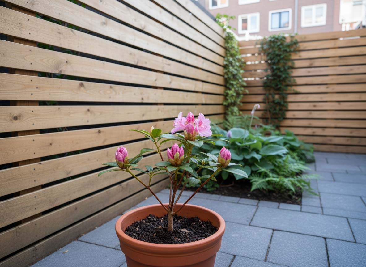Junger Rhododendron mit Blütenknospen im Frühjahr